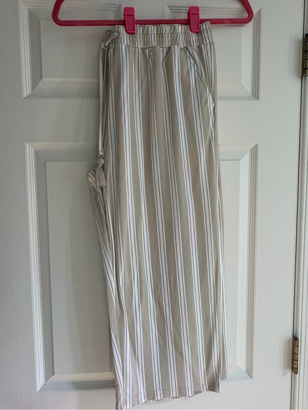 Beige and White Striped Cropped Pants